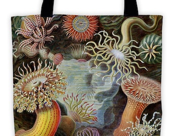 Art Print Tote Bag - Antique Haeckel Sea Anenome Actiniae Print - Large Market Tote - Reusable Grocery Bag - Vintage Carry All Beach Bag