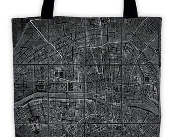 Art Print Tote Bag - Black Antique Chez Jean Map of Paris Print - Large Market Tote - Reusable Grocery Bag - Vintage Carry All Beach Bag