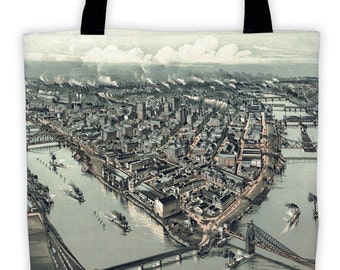 Art Print Tote Bag - Panoramic Map of Pittsburgh 1902 Antique Market Tote - Old Maps and Prints - Reusable Grocery Bag - Carry All Beach Bag