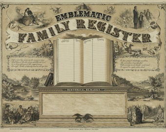 Emblematic Family Register Vintage Art Print - Family Tree - Geneology - Victorian Antique Document - 1800's Americana - Gift for Parents