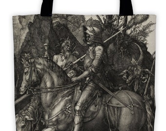 Art Print Tote Bag - Antique Religious Knight Death and the Devil - Large Market Tote - Reusable Grocery Bag - Vintage Carry All Beach Bag