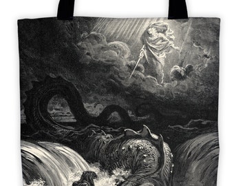 Art Print Tote Bag - Antique Religious Destruction of Leviathan - Large Market Tote - Reusable Grocery Bag - Vintage Carry All Beach Bag