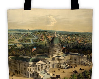 Art Print Tote Bag - Panoramic View of Washington DC Antique Market Tote - Old Maps and Prints - Reusable Grocery Bag - Carry All Beach Bag