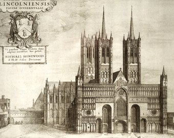 Lincoln Cathedral - Vintage Architectural Print - Religious Art Print - English Decor - London Baroque Cathedral Architecture Drawing