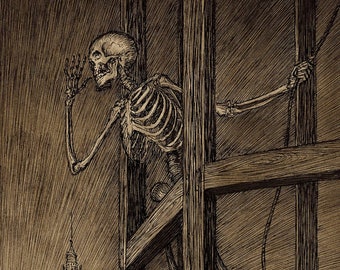 Death In a Bell Tower - Skeleton Macabre Art - Momento Mori Print - Oddities and Curiosities - Old Maps and Prints - Religious and Occult