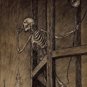 Tod im Glockenturm - Skelett Makabre Kunst - Momento Mori Print - Kuriositäten und Kuriositäten - Alte Landkarten und Drucke - religiös und okkult