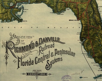 Richmond and Danville Railroad Map of Florida - Old Maps and Prints - Vintage Art Print - East Coast Railroad Map Art - Masculine Decor
