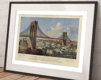 Brooklyn Bridge Vintage Print, NYC Currier and Ives Wall Art
