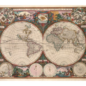 Carte du monde de De Wit - décoration murale antique - tirages d'art vintage - style de restauration de l'ancien monde - cartes et gravures anciennes - giclée d'art