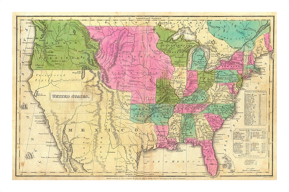 1830 Map of United States and Territories Old Maps and Prints Vintage