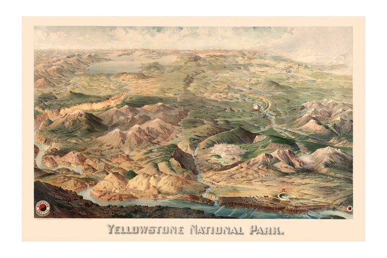 1904 Panorama över Yellowstone nationalpark Konsttryck - Vintage resedekor - Northern Pacific Railway Tourism Poster - Gamla kartor och tryck bild 1