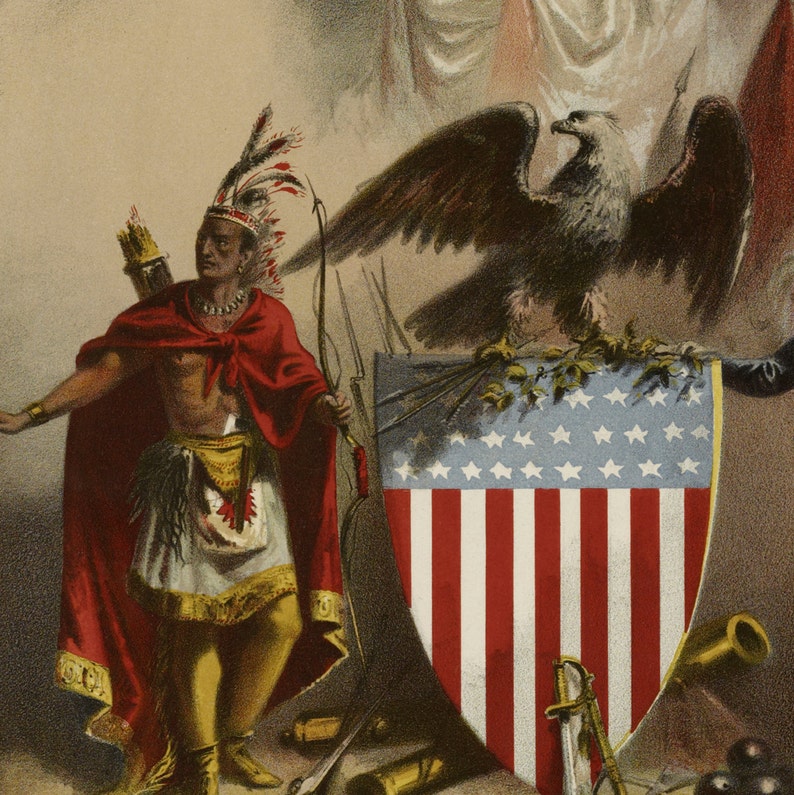 May include: A historical print featuring a figure wearing a red cloak, a feathered headdress, and a white skirt, holding a bow. Beside the figure is a large shield with the American flag design, topped by a perched eagle and olive branches.