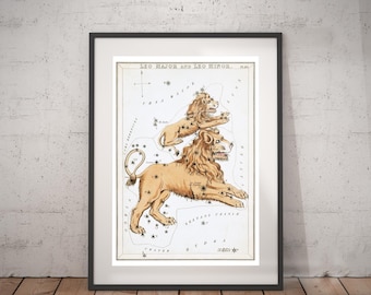 Leo Zodiac Art Print - Astronomy Astrology Horoscope Art - Vintage Celestial Constellation Chart - Old Maps and Prints