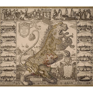 Leo Hollandicus Carte de la Hollande 1648 - Cartes et estampes anciennes - Carte du Lion vintage - Art mural antique - Cadeau d’histoire - Impression de carte de style restauration