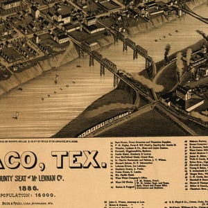 1866 Map of Waco Texas Vintage Art Print Antique Birds Eye City Map Magnolia Farm House Decor History Gift Historic Americana image 2