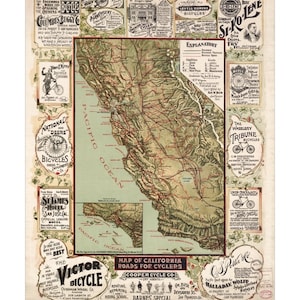 Karte von California Straßen für Radfahrer - Landkarten und Kunstdrucke - Vintage Poster - antikes Fahrrad Wand - Dekor - Fahrrad-Zubehör Radfahren