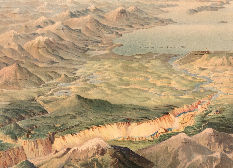 1904 Panorama över Yellowstone nationalpark Konsttryck - Vintage resedekor - Northern Pacific Railway Tourism Poster - Gamla kartor och tryck bild 3