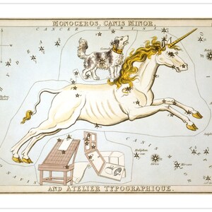Monoceros und Canis Minor Vintage astrologische Einhorn-Kunstdruck - Astronomie Astrologie Kunst - himmlischen Konstellation Diagramm - alte Drucke
