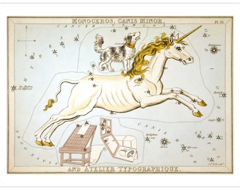 Monoceros and Canis Minor Vintage Astrological Unicorn Art Print - Astronomy Astrology Art - Celestial Constellation Chart - Old Prints