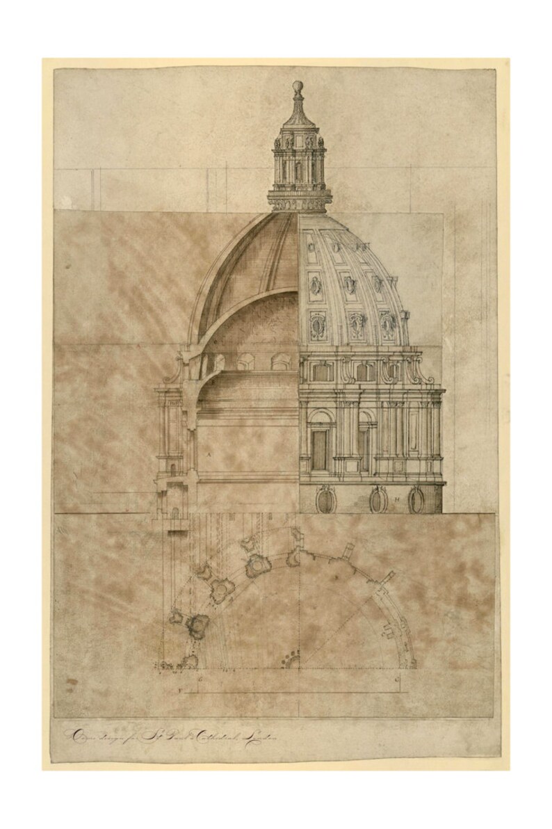 Dome Design for Cathedral of St Paul Vintage Architectural Print English Decor Art Print London Baroque Cathedral Architecture Drawing image 3