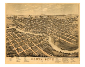 1874 Map of South Bend Indiana - Old Maps and Prints - Vintage Wall Art - Antique Birds Eye City Map - Perspective View - Historic Map Art