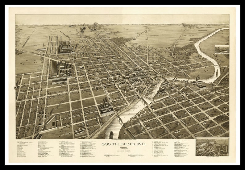 1890 Map of South Bend Indiana Old Maps and Prints Vintage Wall Art Antique Birds Eye City Map Perspective View Historic Map Art image 4