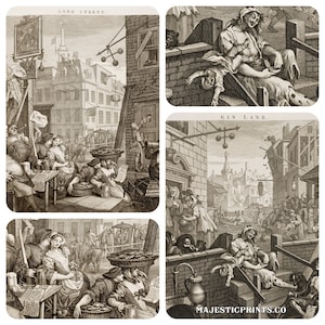 Beer Street et Gin Lane Art Print Set - Décor de bar - Cadeaux d'alcool antiques pour hommes - Décor à boire d'inspiration vintage - Cartes et gravures anciennes