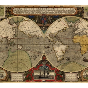 Hondius Map of the World - Antique Map Wall Decor - Restoration Style - Vintage Map Print - Old Maps and Prints - World Map Art Poster