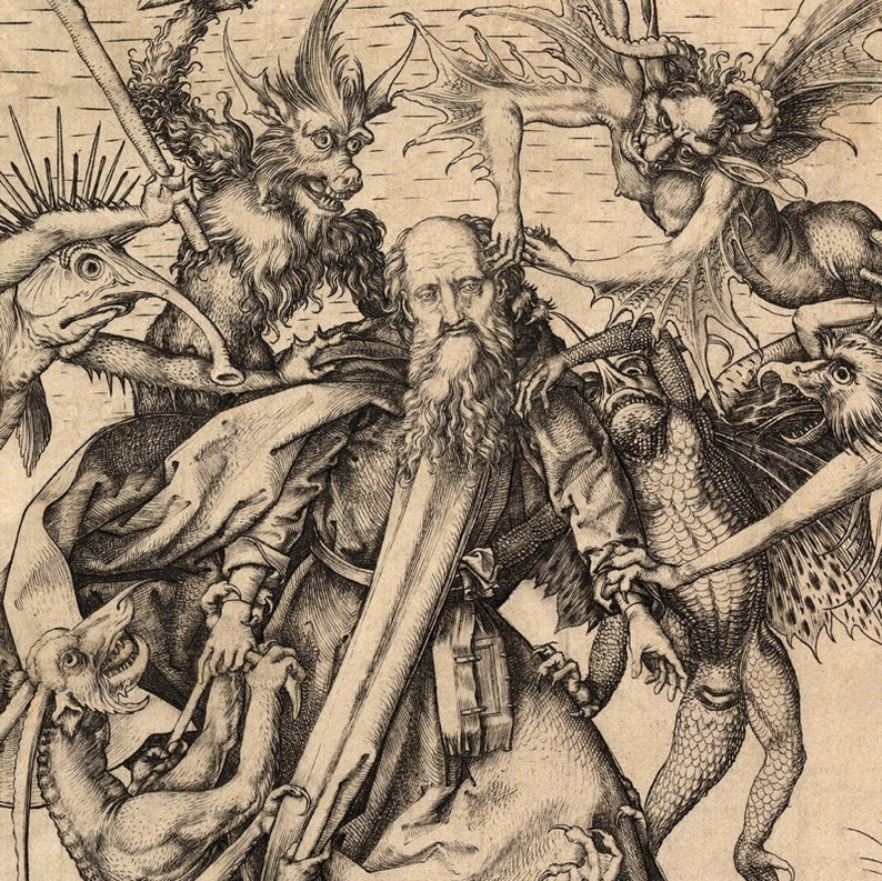Saint Anthony Tormented by Demons Vintage Art Print Religious Art Angels and Demons Home Decor