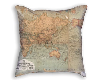 Decorative Pillow - Baur Map of the World Antique Print - Throw Pillow - Beige Decor Accent Pillows - Vintage World Map Art Print on Pillow