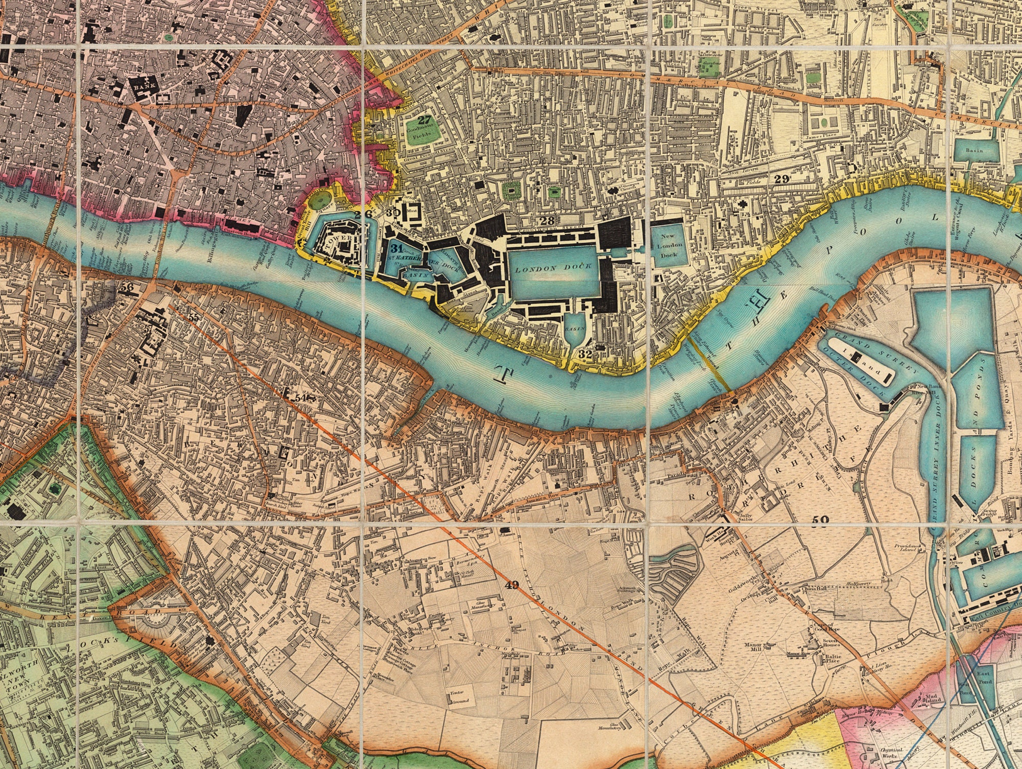 Vintage Color Map of London England Art Print Greater London Decor