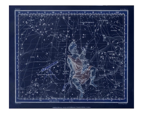 ヴィンテージ星座図プリント - ぎょしゃ座IV、カペラ・ヴェル