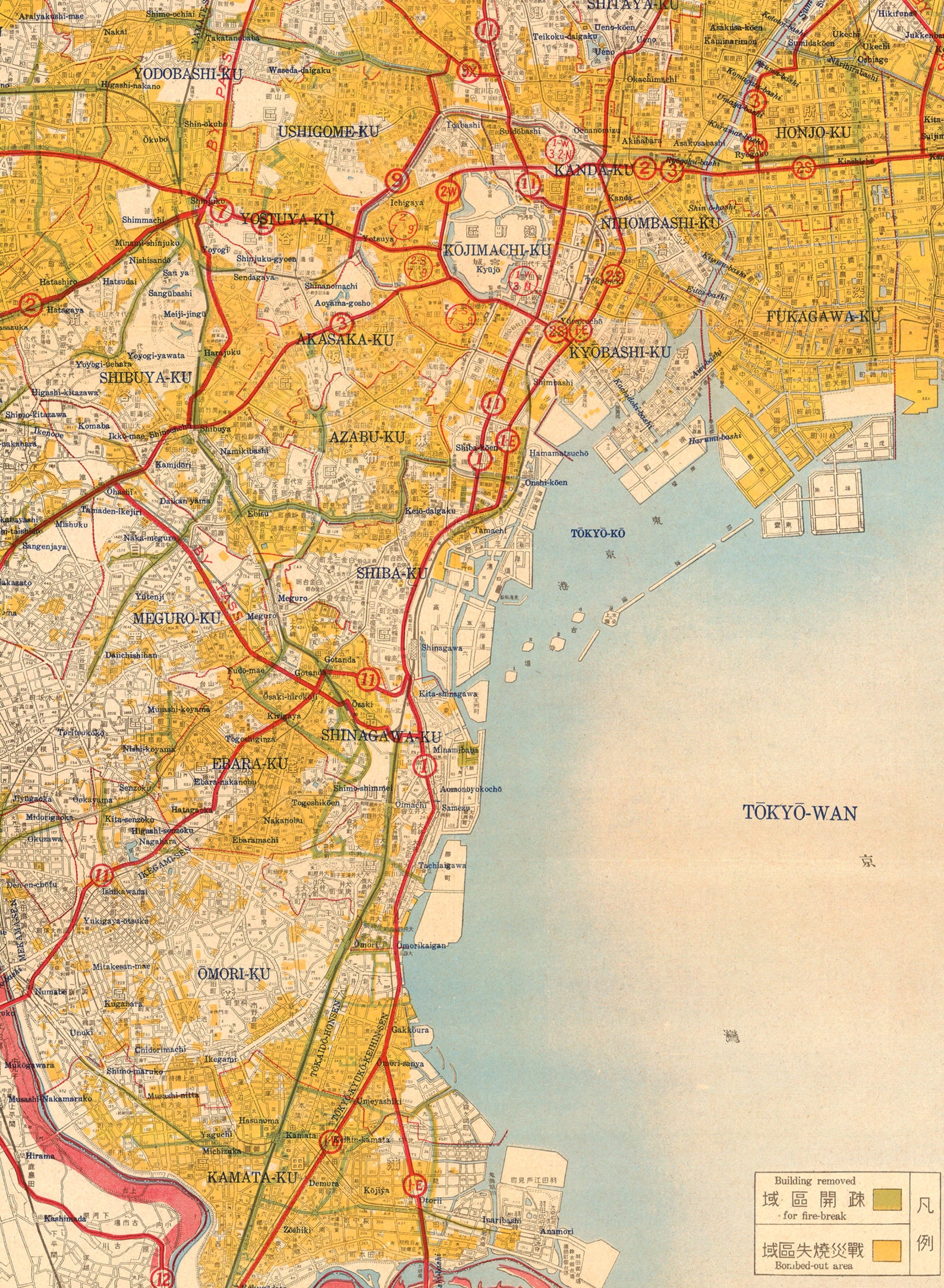 Vintage Map of Tokyo Showing Bombed Out Areas - WWII Wall Art - Japan ...