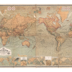 Map of the World - Antique World Map - Vintage Art Print - Wall Decor - Restoration Map - Old Maps and Prints - Art Giclee - German Map