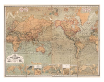 Map of the World - Antique World Map - Vintage Art Print - Wall Decor - Restoration Map - Old Maps and Prints - Art Giclee - German Map
