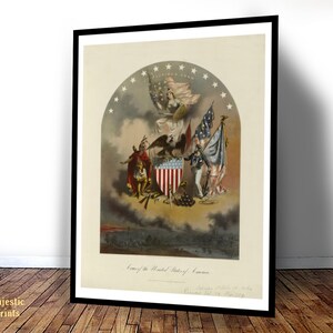 May include: A framed historical print titled Arms of the United States of America featuring a central shield with red and white stripes and blue stars, flanked by a figure in a red cloak and a sailor, with an eagle and American flags above.