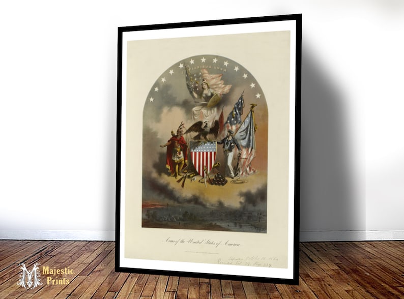 May include: A framed historical print titled Arms of the United States of America featuring a central shield with red and white stripes and blue stars, flanked by a figure in a red cloak and a sailor, with an eagle and American flags above.
