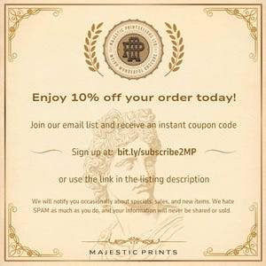 Op de afbeelding: Een beige promotionele afbeelding met een centrale illustratie van een klassieke buste, een cirkelvormig logo bovenaan met de tekst Majestic Printsellers Ltd, en tekst met een korting van 10%, aanmeldinstructies en de link bit.ly/subscribe2MP.