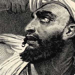 May include: A black and white engraving of a man with a beard and turban. He is looking up and has a serious expression on his face.