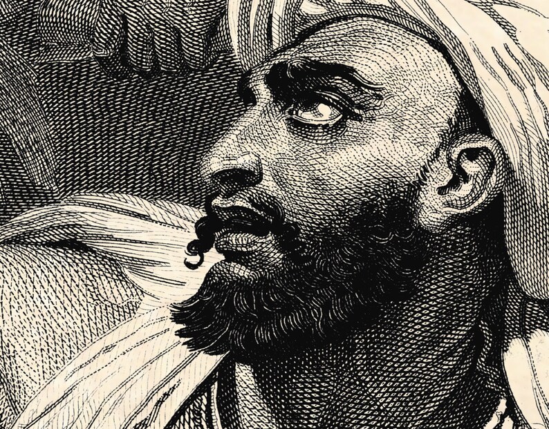 May include: A black and white engraving of a man with a beard and turban. He is looking up and has a serious expression on his face.