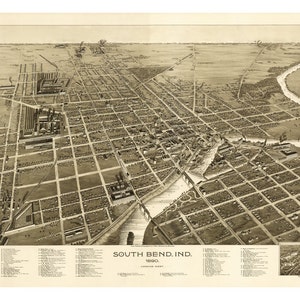 1890 Map of South Bend Indiana Old Maps and Prints Vintage Wall Art Antique Birds Eye City Map Perspective View Historic Map Art image 1