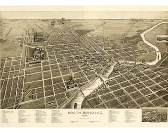 1890 Map of South Bend Indiana - Old Maps and Prints - Vintage Wall Art - Antique Birds Eye City Map - Perspective View - Historic Map Art