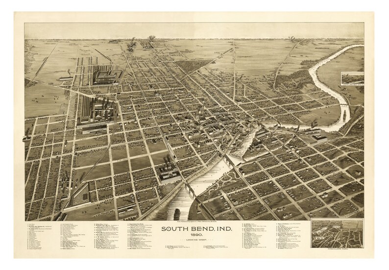 1890 Map of South Bend Indiana Old Maps and Prints Vintage Wall Art Antique Birds Eye City Map Perspective View Historic Map Art image 1