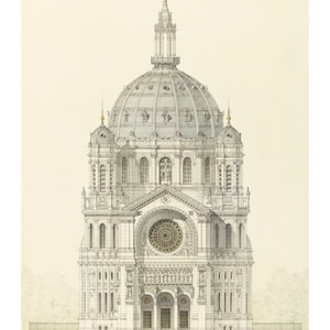 Impressão arquitetônica vintage - Impressão artística da Igreja de Santo Agostinho - Decoração de casa francesa e presentes - Desenho de arquitetura da catedral gótica de Paris