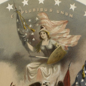 May include: A vintage lithograph print featuring a central figure wearing a Phrygian cap, holding a large American flag and a gold shield. The text E PLURIBUS UNUM is arched above the figure, surrounded by white stars against a dark blue background.