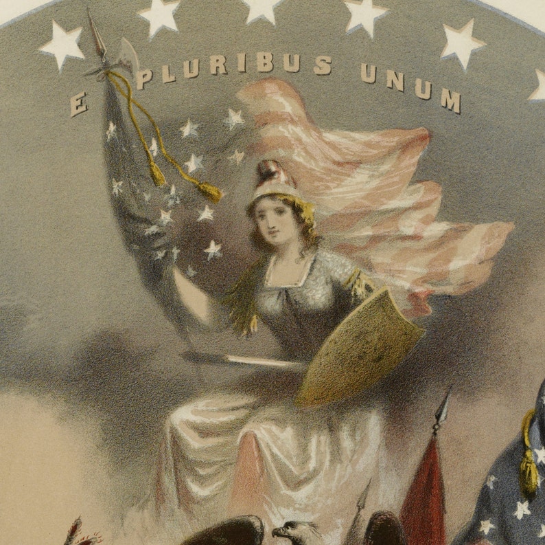 May include: A vintage lithograph print featuring a central figure wearing a Phrygian cap, holding a large American flag and a gold shield. The text E PLURIBUS UNUM is arched above the figure, surrounded by white stars against a dark blue background.