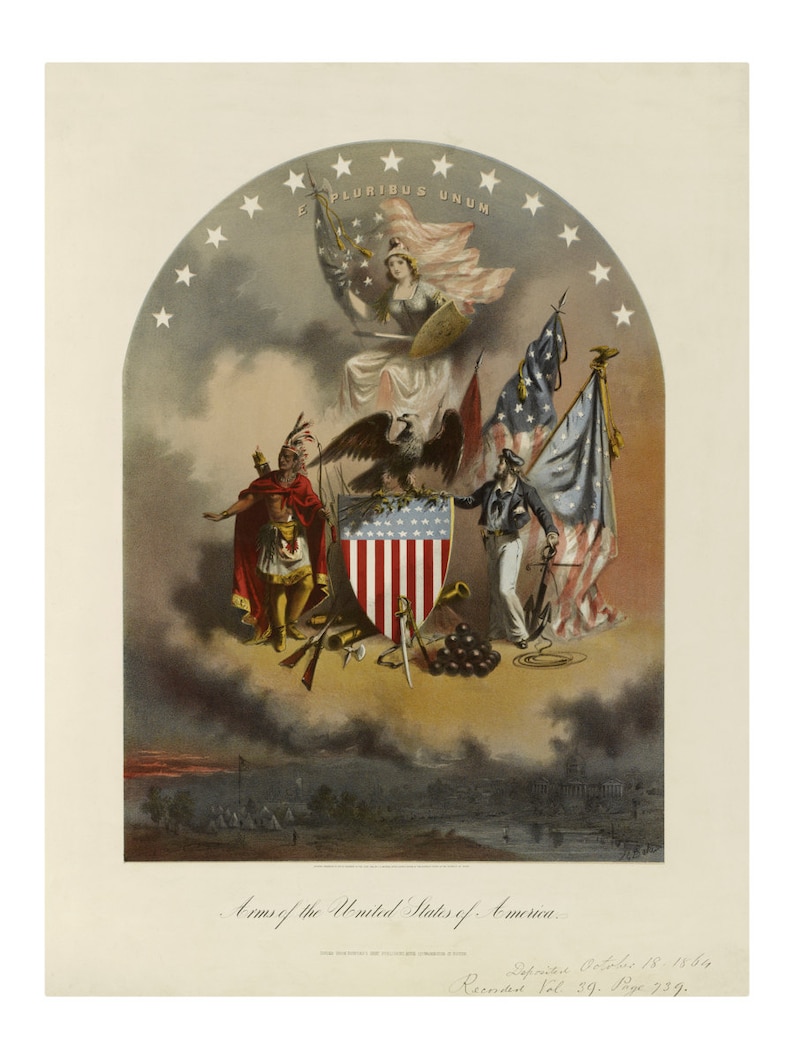 May include: A lithograph titled Arms of the United States of America featuring a central shield with stars and stripes, a bald eagle, a figure in a red cloak, a sailor with an anchor, and a female figure holding a flag with E Pluribus Unum.