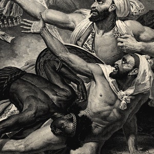 May include: A black and white engraving depicting a scene of a battle. Two men are fighting, one is holding a shield and the other is falling to the ground. The engraving is detailed and shows the intensity of the battle.