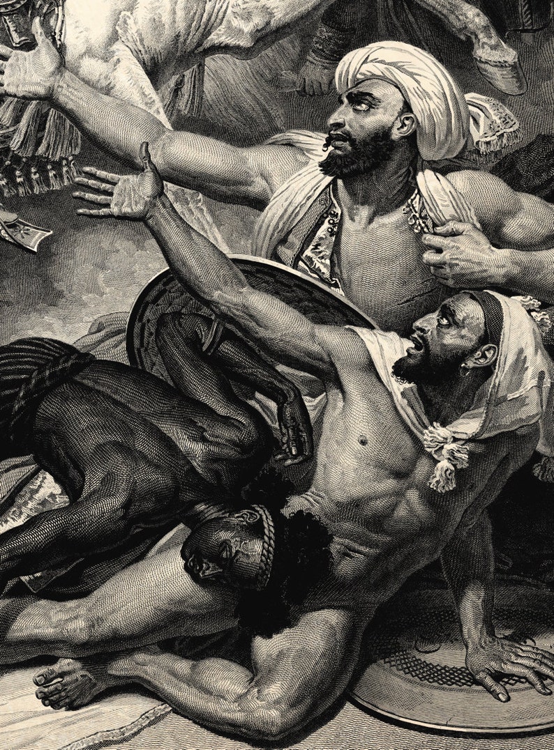 May include: A black and white engraving depicting a scene of a battle. Two men are fighting, one is holding a shield and the other is falling to the ground. The engraving is detailed and shows the intensity of the battle.