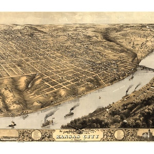 1869-Karte von Kansas City Missouri - Landkarten und Drucke - Vintage Kunstdruck - Antik Birds Eye Stadt - Geschichte-Geschenk - Karte historische Americana